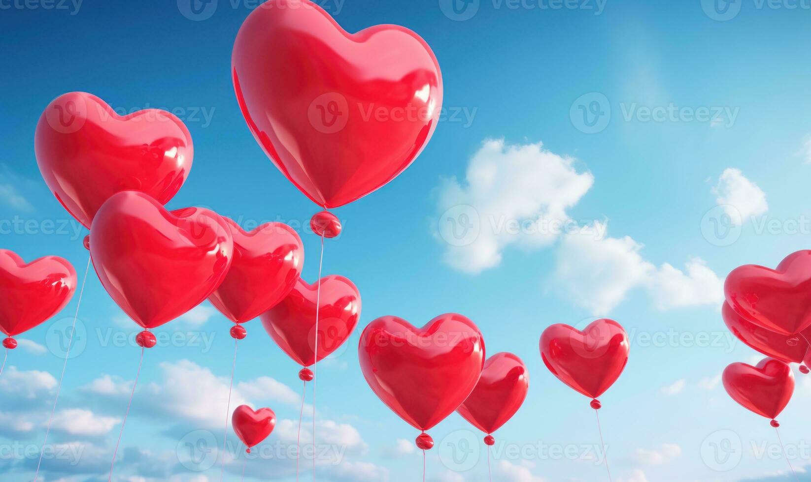 AI generated Red balloons in the blue sky. Horizontal banner. Valentine's day background with heart-shaped balloons in bright blue sky. photo
