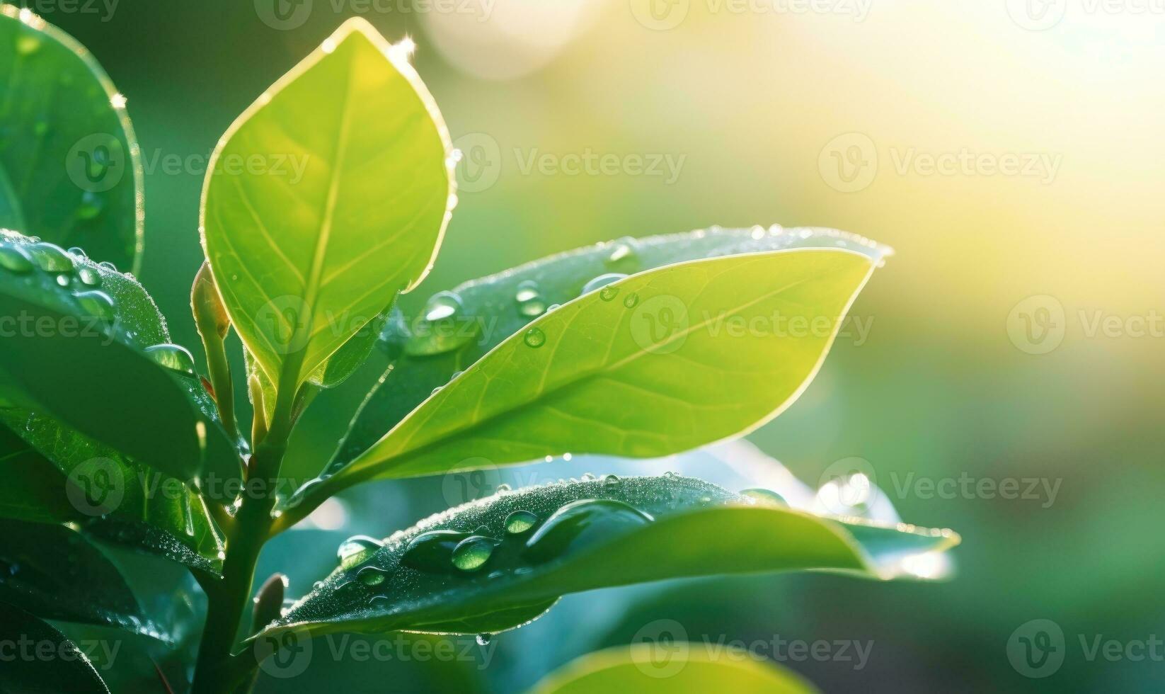 AI generated growing tree with green leaves, water drops on leaves in morning sunlight. bokeh lighting closeup view photo