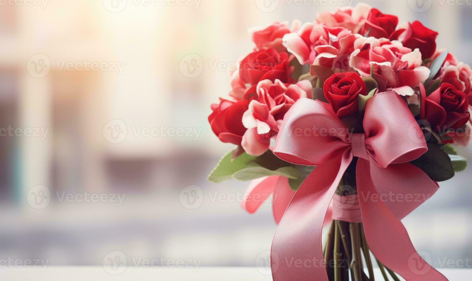 AI generated Bouquet of flowers with pink bow on white wooden table. photo