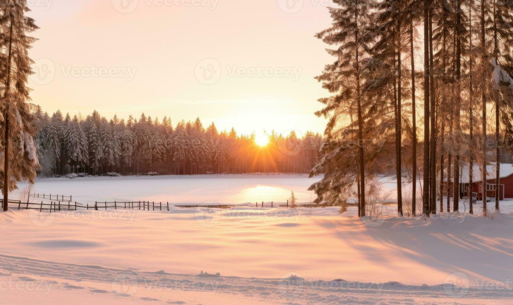 ai generado puesta de sol en el invierno bosque. hermosa invierno paisaje con un congelado lago. foto