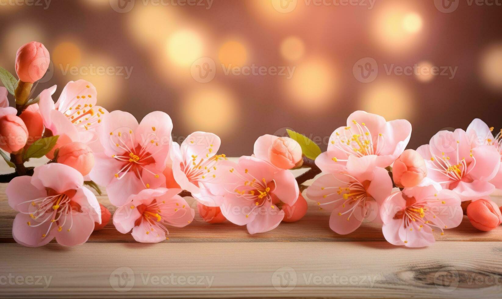 AI generated peach blossom on wooden table with bokeh light background photo