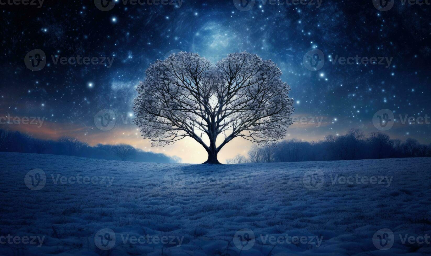 AI generated Winter landscape with snow covered trees and starry sky. photo