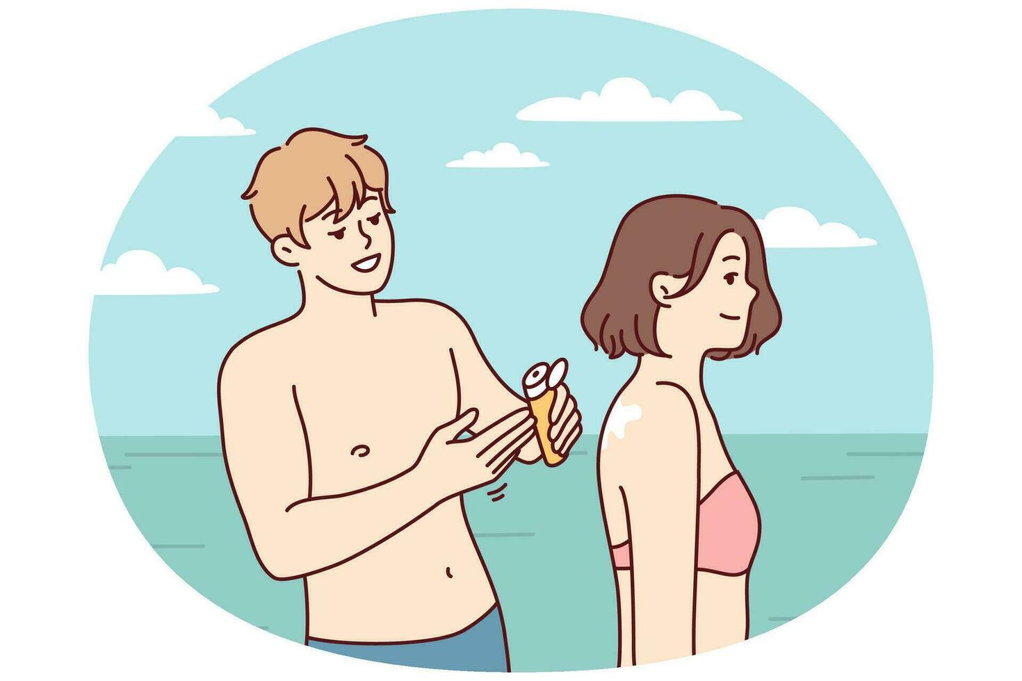 Man and woman in swimming clothing are relaxing on sunny beach near ocean. Vector image