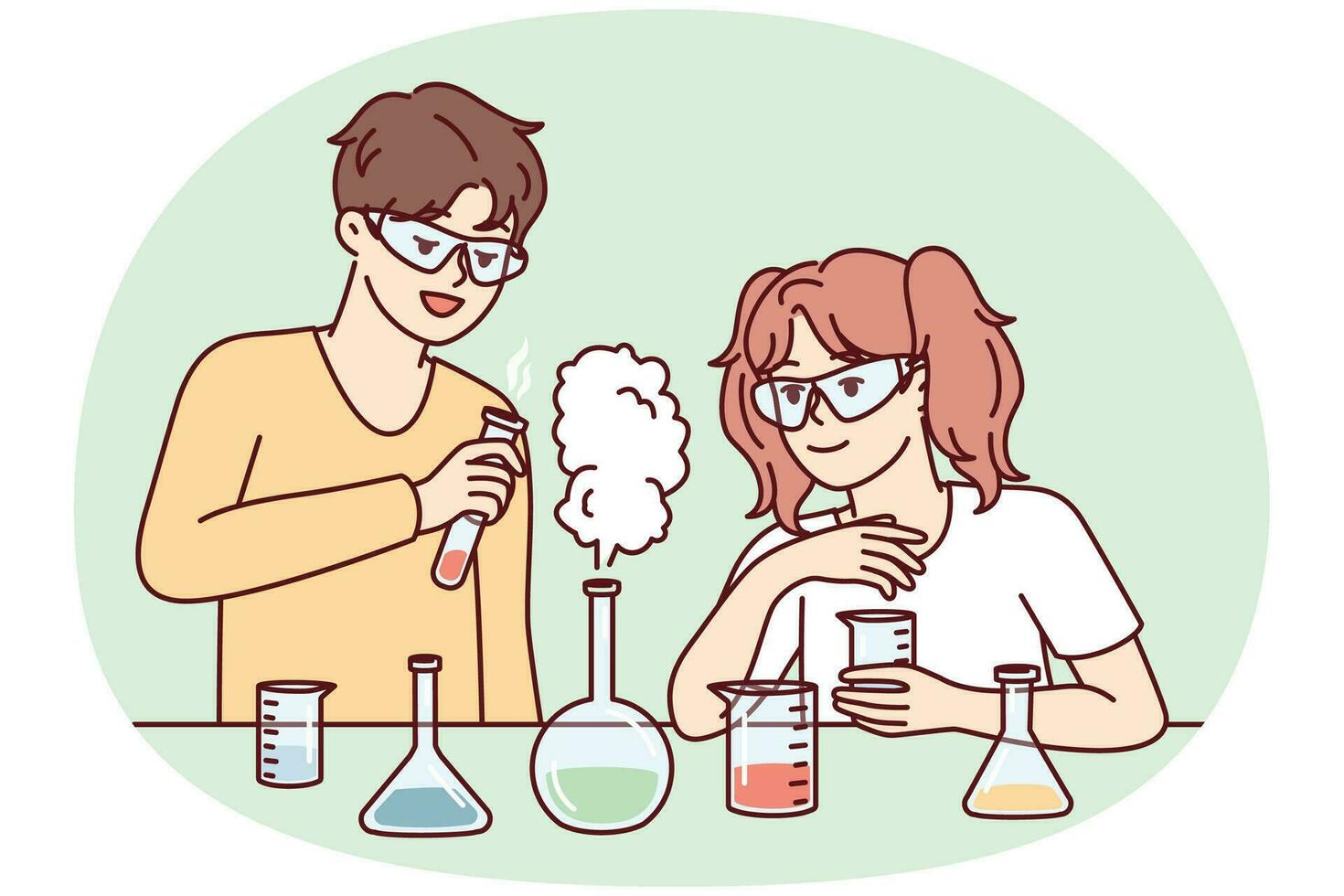 Youth boy and girl conduct chemical experiments standing near table with test tubes. Vector image