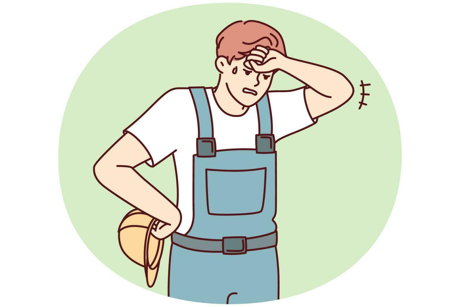 Tired sweaty man in construction uniform and safety helmet wiping forehead. Vector image