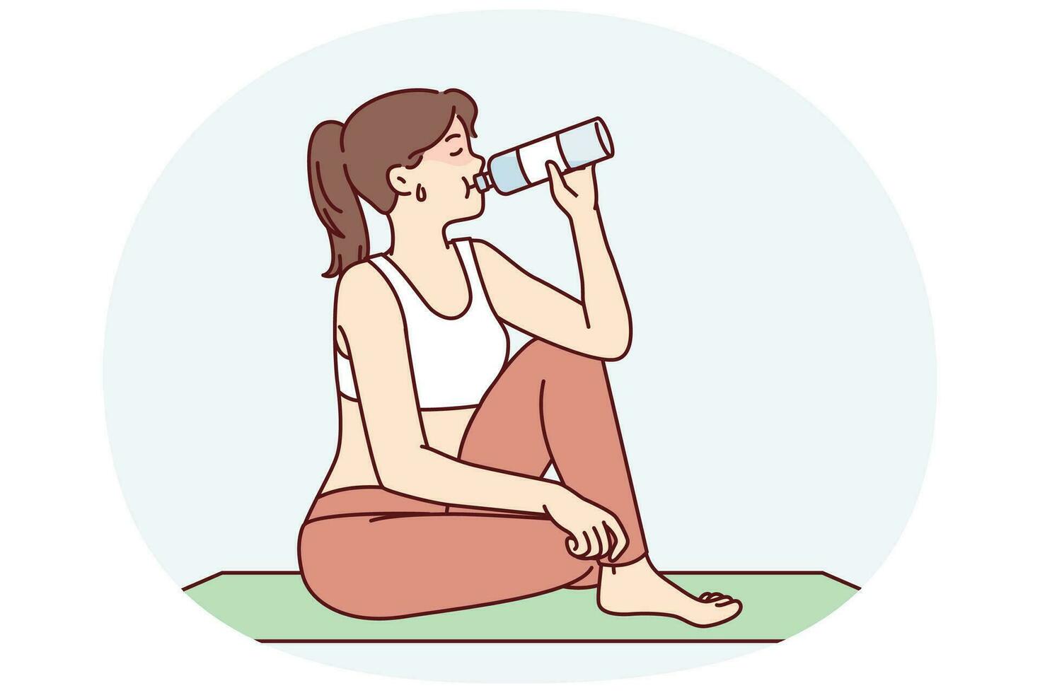 Tired woman sitting on yoga mat and drinking water in time for break between exercises. Vector image