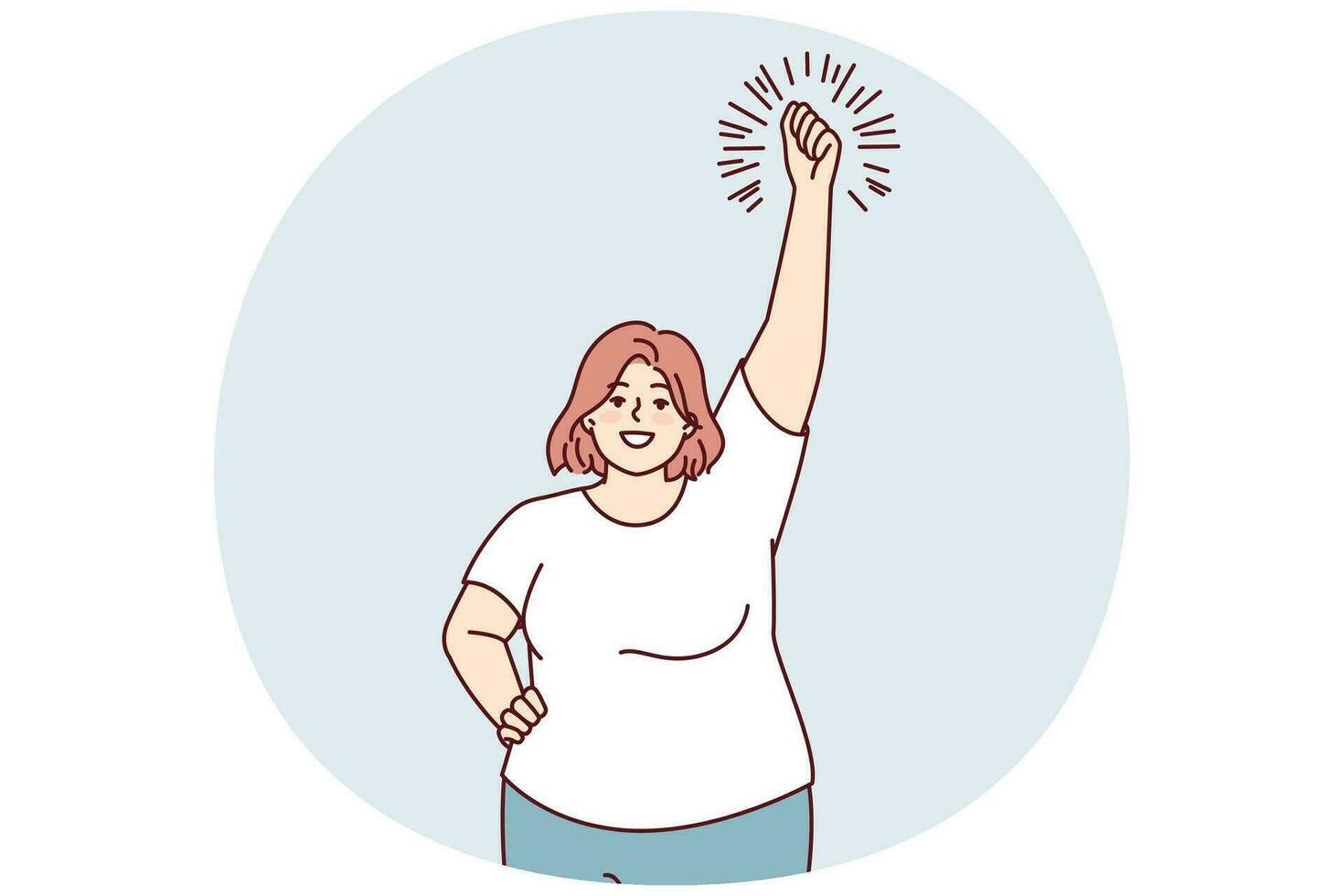Smiling big size woman doing warm-up raising hands up leads active lifestyle. Vector image