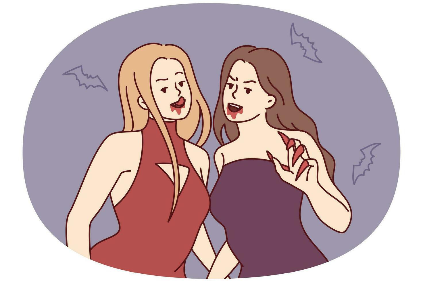 Women vampires in evening dresses with sharp claws and traces of blood near mouth. Vector image
