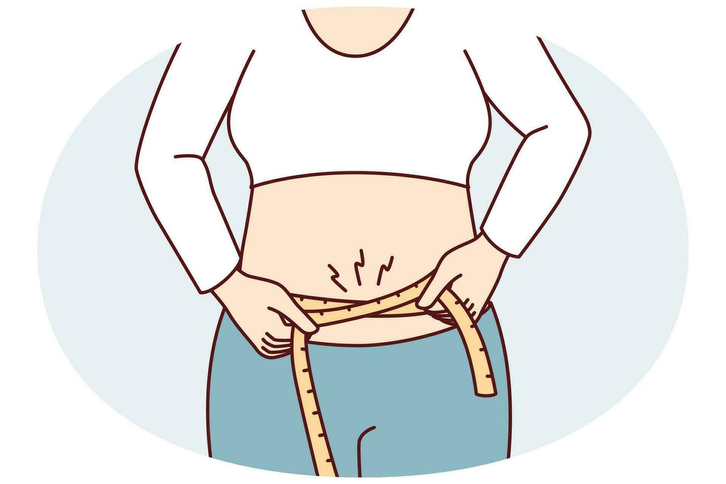 Woman wants to lose extra pounds measures waist size to track result of training. Vector image