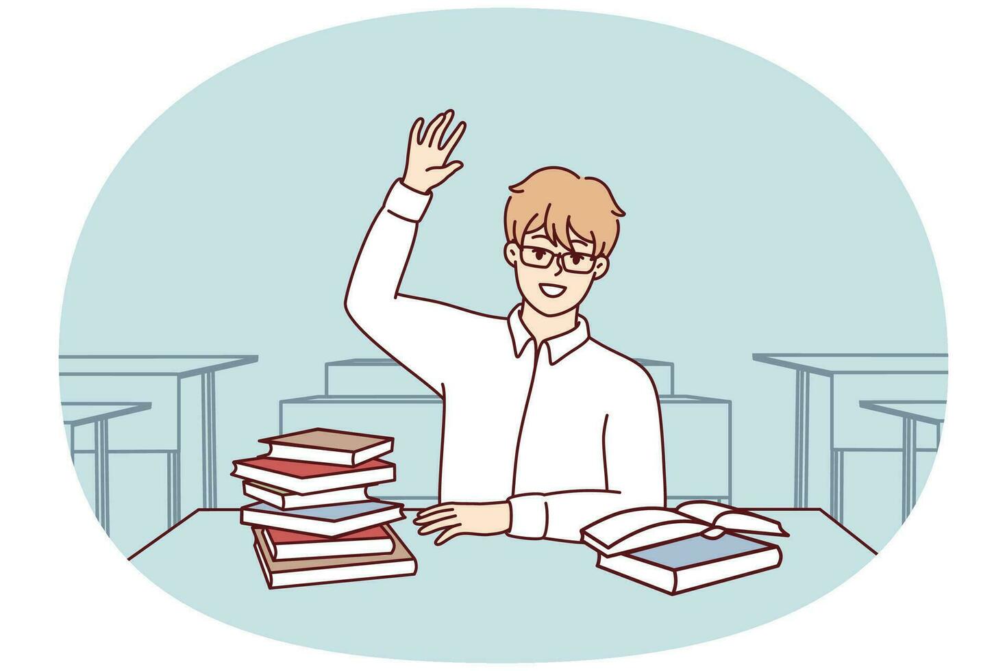 Boy high school student sits at desk with textbooks and workbooks and pulls hand up. Vector image