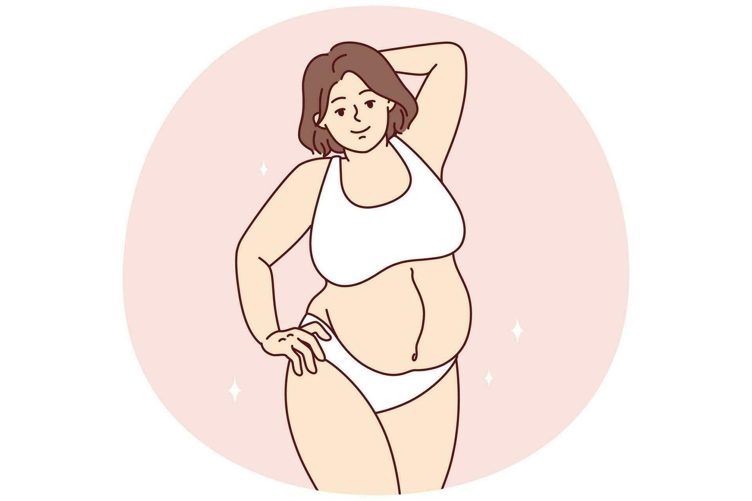 más Talla mujer en lencería en pie en relajado posición, no desconcertado por propio cuerpo. vector imagen