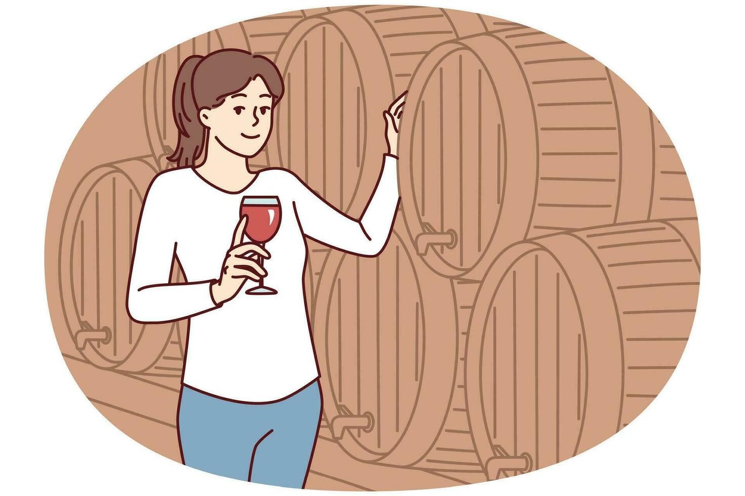 Woman with glass of wine stands near wooden barrel for tincture of alcoholic drink. Vector image