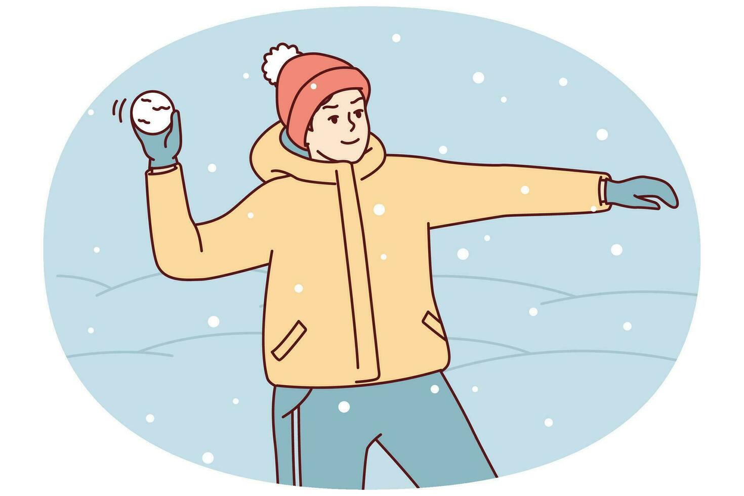 Teenage boy in winter clothes and hat plays snowballs throws snow at friends. Vector image