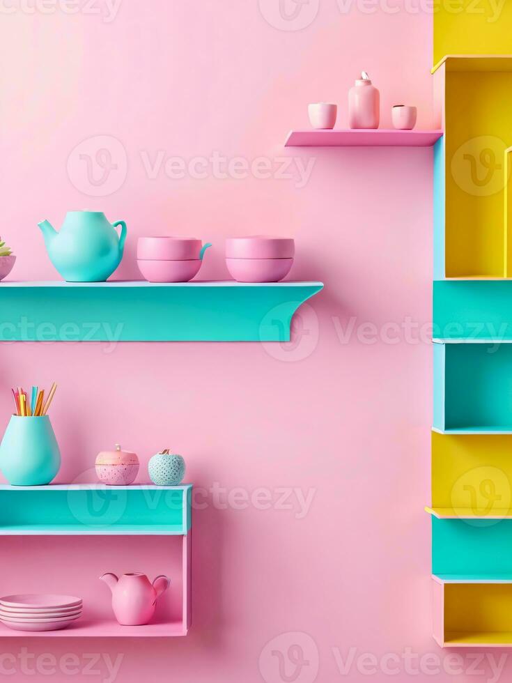 AI generated Colorful Modern Shelves on Vibrant Background photo