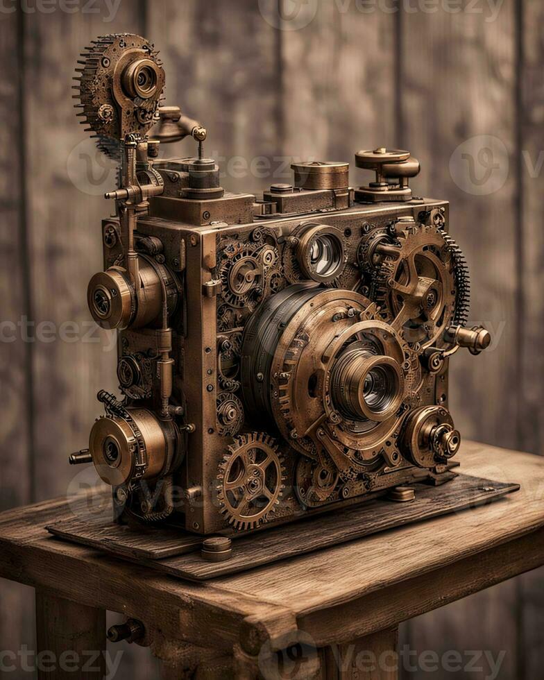 AI generated Steampunk Mechanical Camera on Wooden Table photo