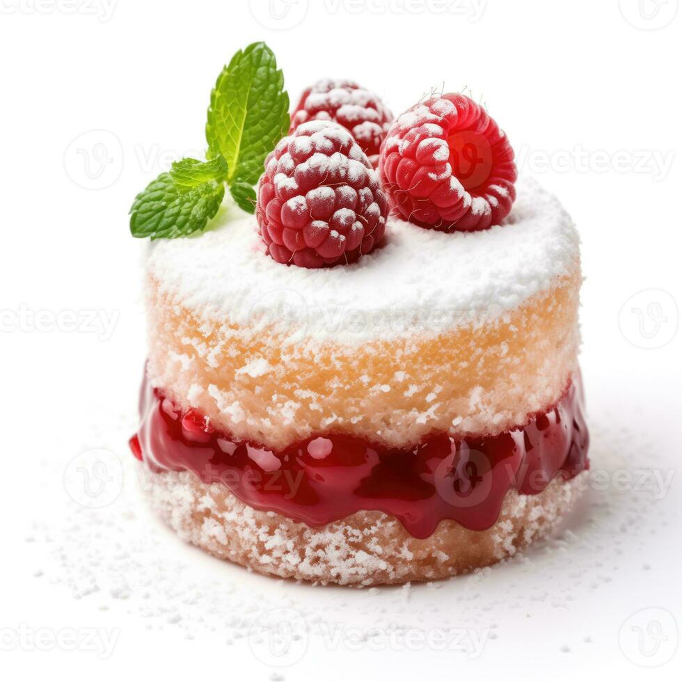 AI generated Gourmet Small Cake with Melting Raspberry Center and Icing Sugar Dusting Isolated on White Background for Valentines Day Concept photo