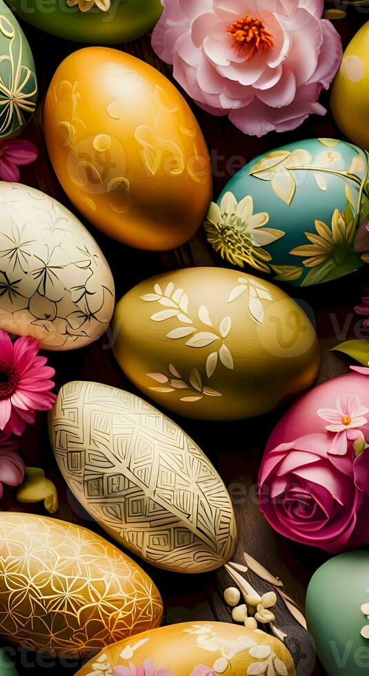 AI generated Group of Easter eggs with bright colors photo