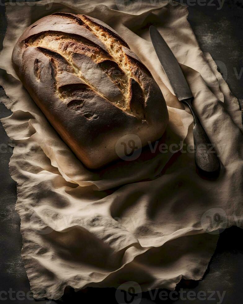 AI generated Rustic Sourdough Bread in Low Light photo