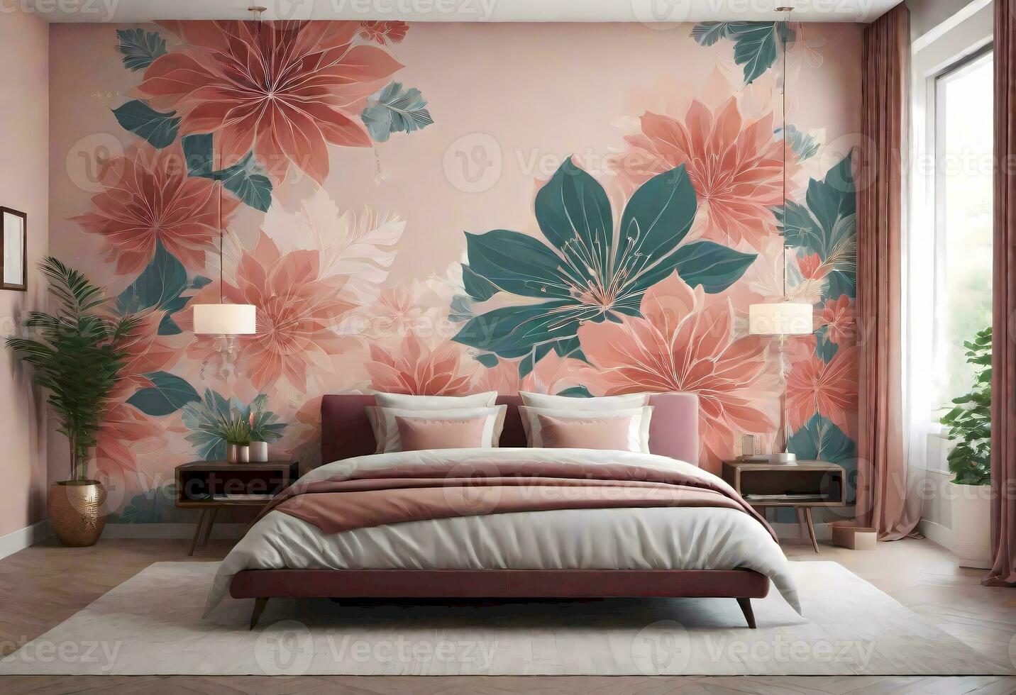 AI generated Modern Bedroom with Vibrant Floral Touch photo
