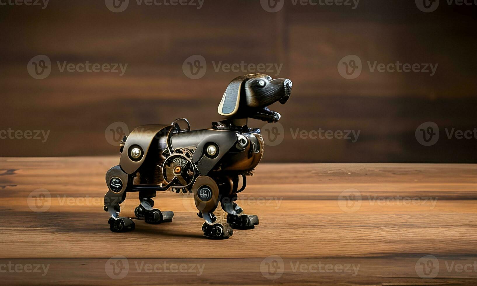 ai generado bronce Steampunk perro en de madera mesa foto