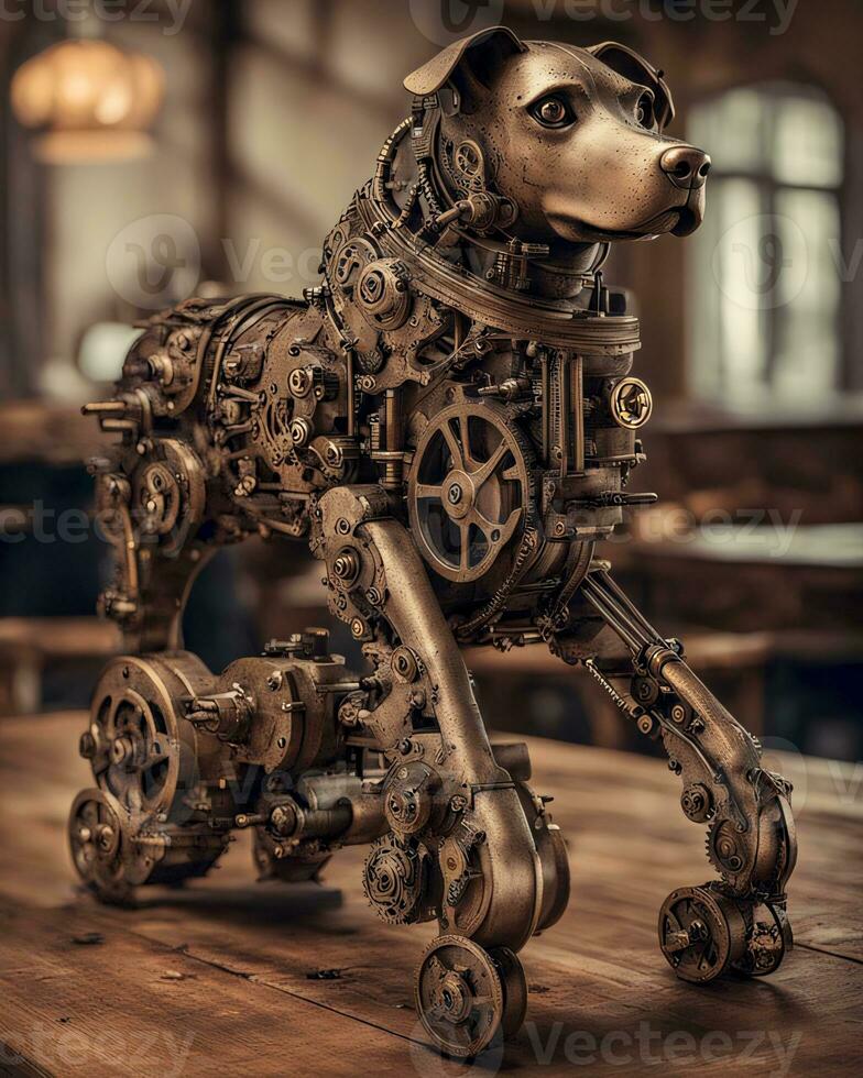 AI generated Bronze Steampunk Dog on Wooden Table photo