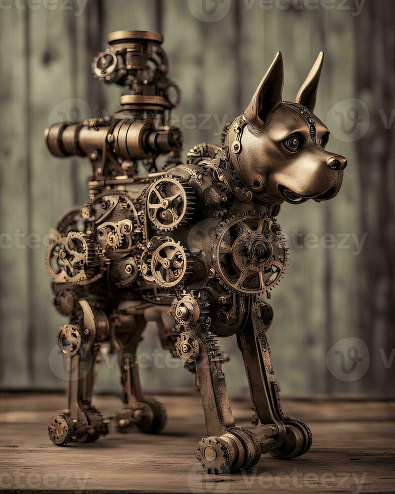 AI generated Bronze Steampunk Dog on Wooden Table photo