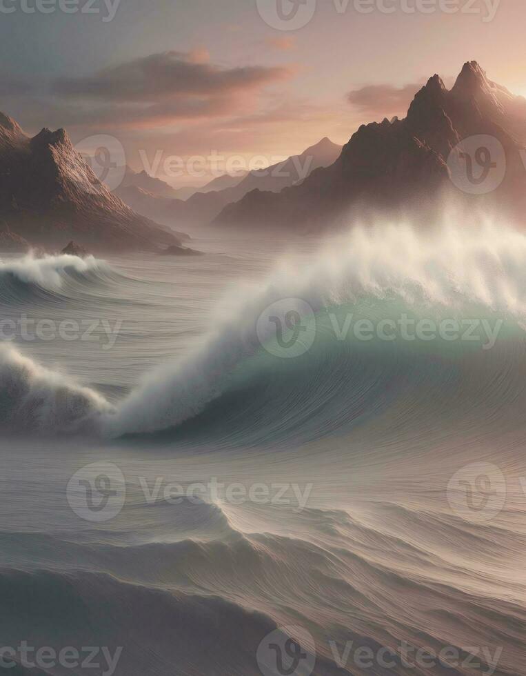 AI generated Landscape with Tsunami Waves photo