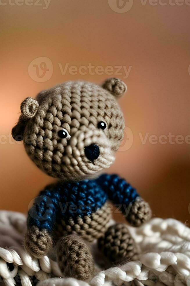 AI generated Crocheted Teddy Bear on brown Background photo