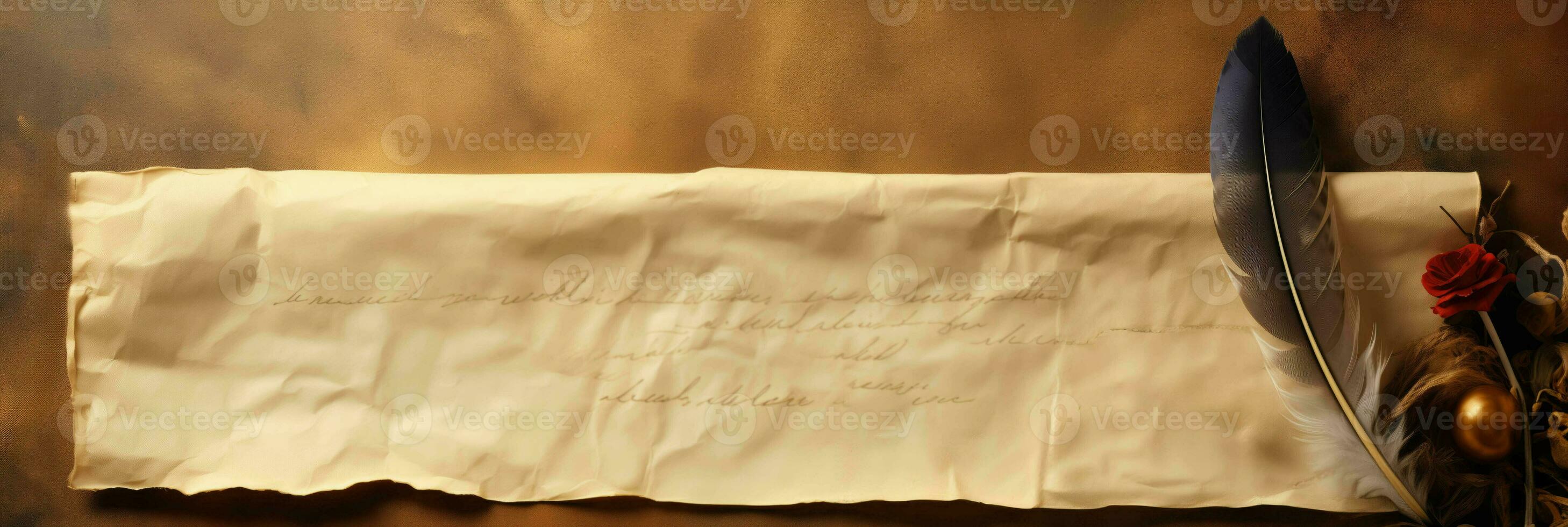 AI generated A parchment paper scroll with quill and inkpot reminiscent of historic presidential documents background with empty space for text photo