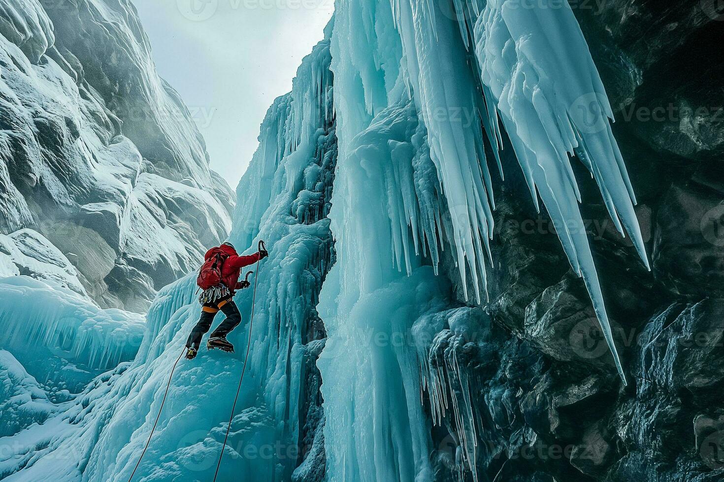 AI generated Ice Climber Conquers Frozen Waterfall Majesty photo