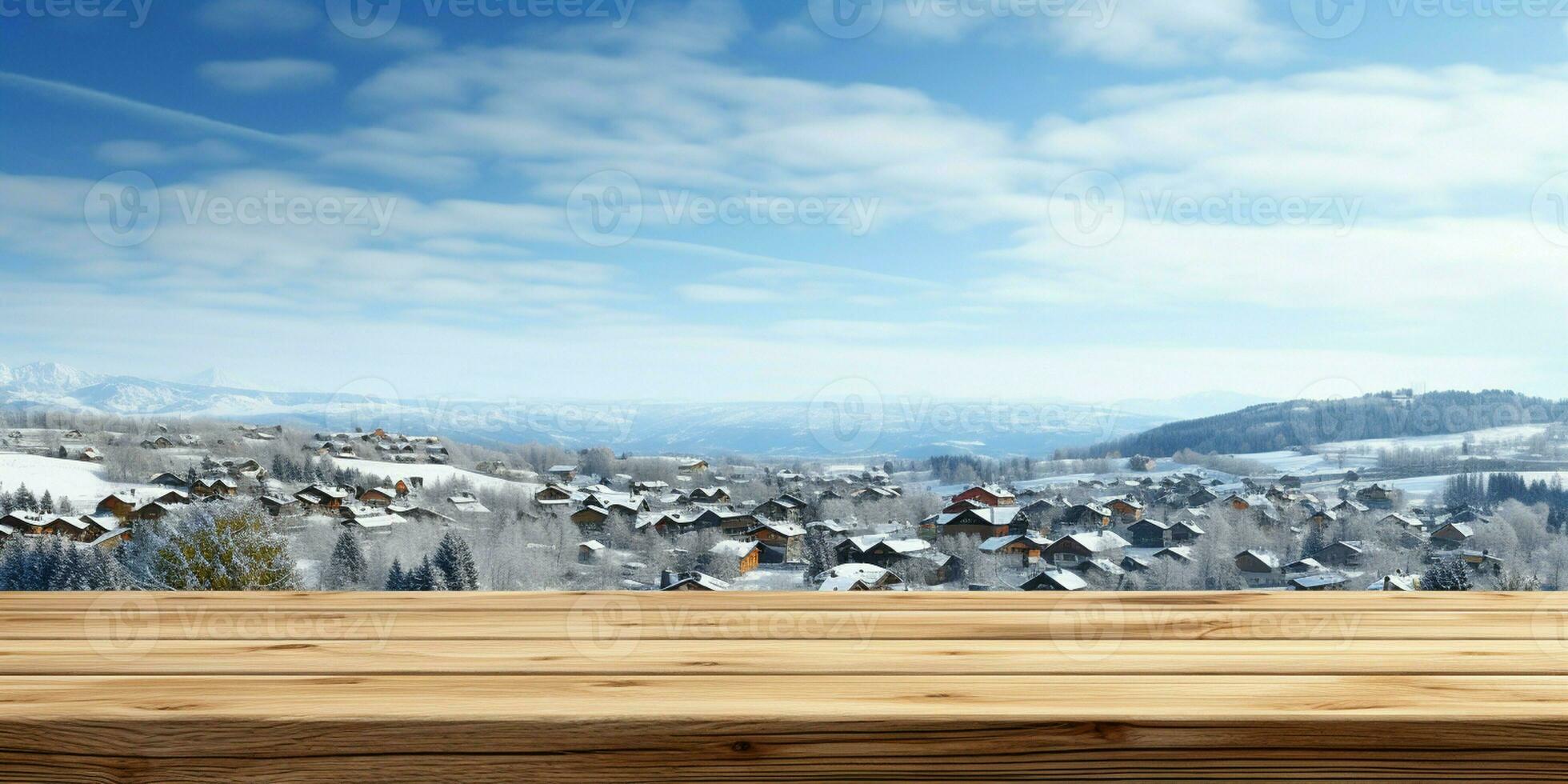 AI generated A Wooden Platform overlooking Beautiful rural snow village Scenery, Serene view, mockup with copy space, Countryside Landscape photo