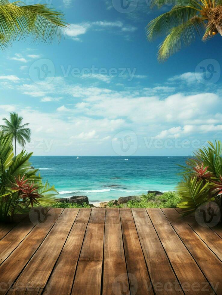 AI generated A Wooden Platform overlooking Beautiful Beach and Sea Scenery, Serene view, mockup with copy space photo