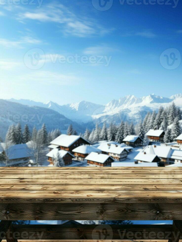 AI generated A Wooden Platform overlooking Beautiful rural snow village Scenery, Serene view, mockup with copy space, Countryside Landscape photo