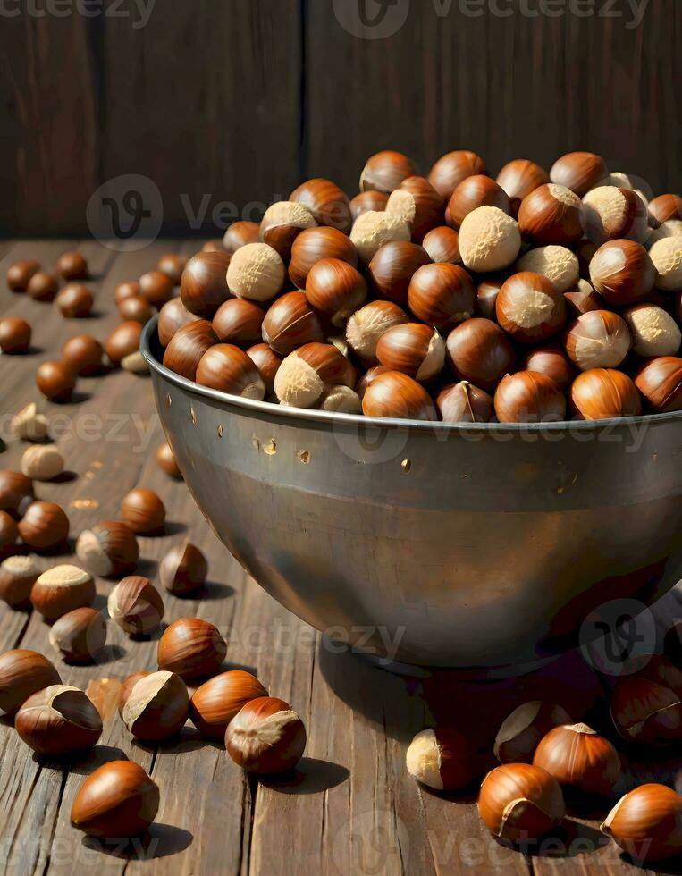 AI generated Hazelnuts in an Enamel Bowl photo