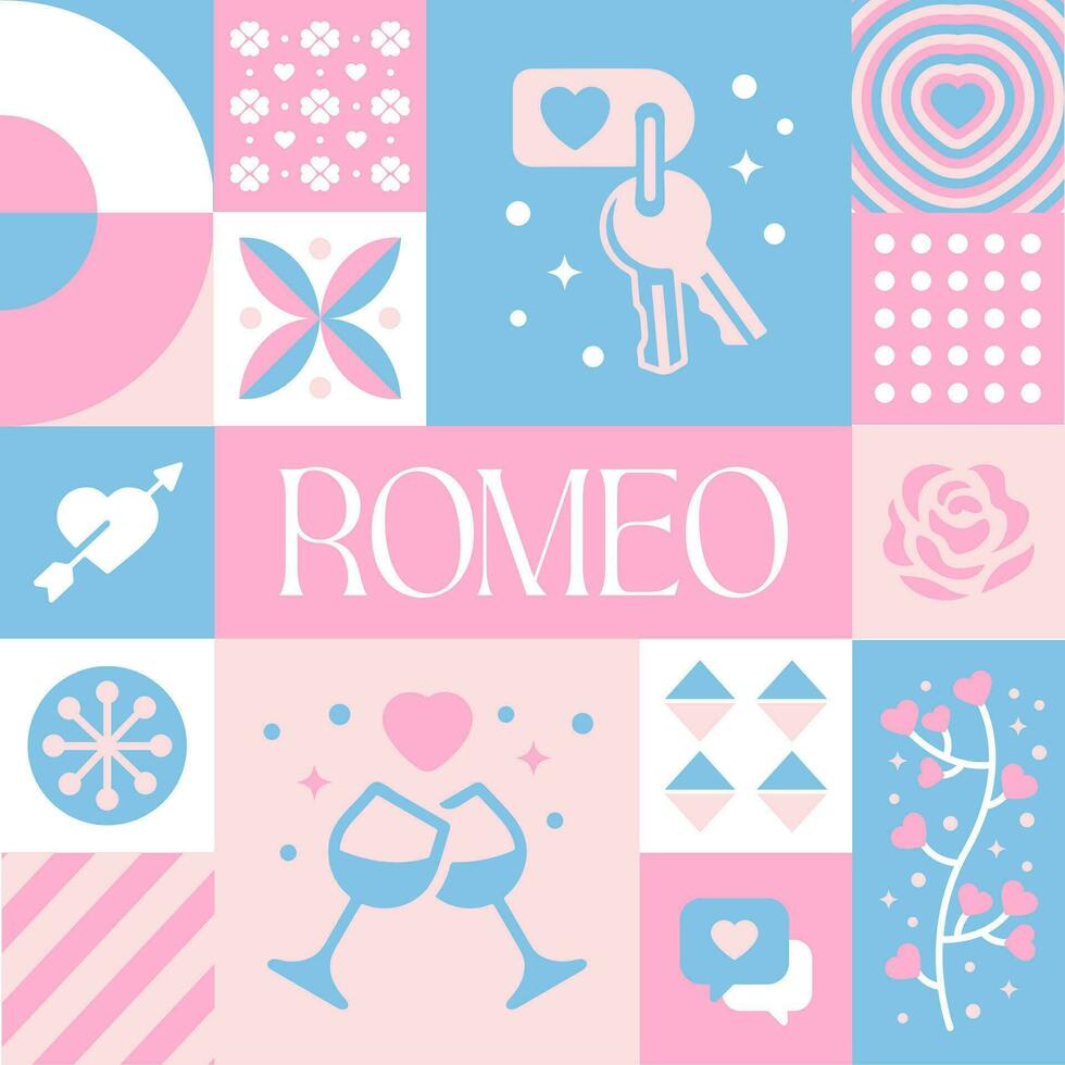 enamorado Romeo sin costura modelo en escandinavo estilo tarjeta postal con retro limpiar concepto diseño vector