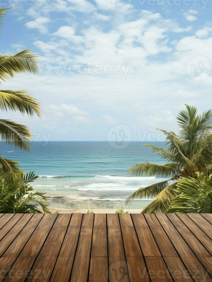 ai generado un de madera plataforma con vista a hermosa playa y mar escenario, sereno vista, Bosquejo con Copiar espacio foto