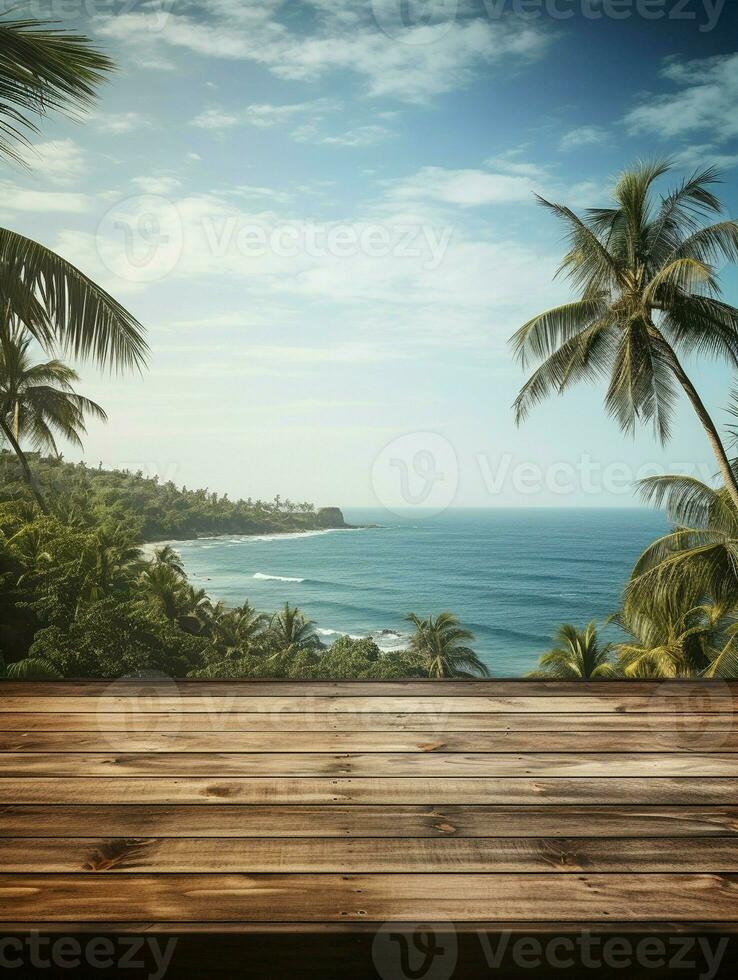 ai generado un de madera plataforma con vista a hermosa playa y mar escenario, sereno vista, Bosquejo con Copiar espacio foto