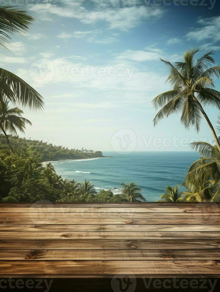 AI generated A Wooden Platform overlooking Beautiful Beach and Sea Scenery, Serene view, mockup with copy space photo
