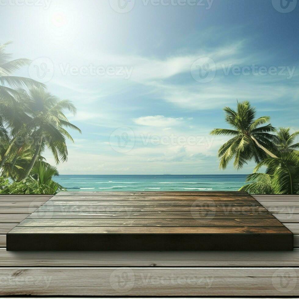 ai generado un de madera plataforma con vista a hermosa playa y mar escenario, sereno vista, Bosquejo con Copiar espacio foto