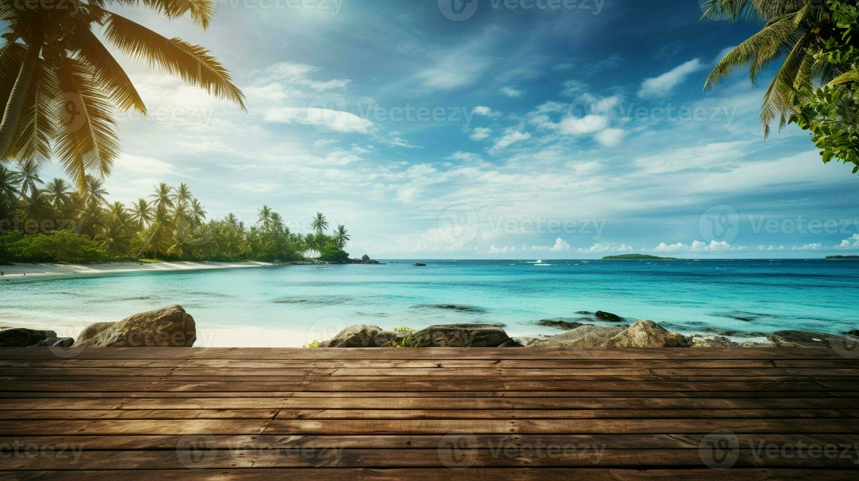 AI generated A Wooden Platform overlooking Beautiful Beach and Sea Scenery, Serene view, mockup with copy space photo