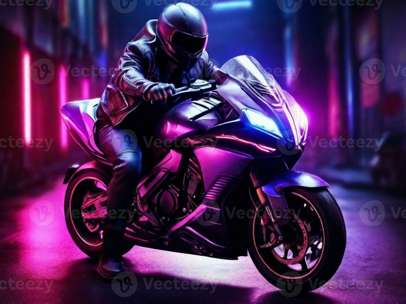 AI generated Full shot adult riding a powerful motorcycle with neon lights photo