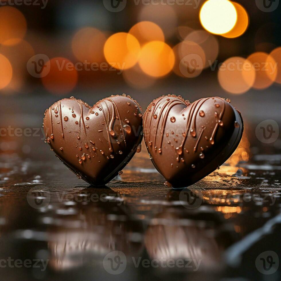 AI generated Two Heart Shape Chocolate, Symbol of Love, Festive Element, Happy Valentine's day, advertising material photo