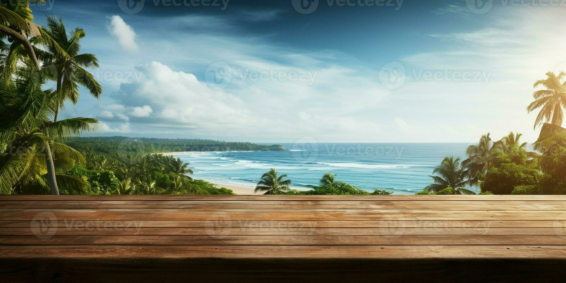 AI generated A Wooden Platform overlooking Beautiful Beach and Sea Scenery, Serene view, mockup with copy space photo