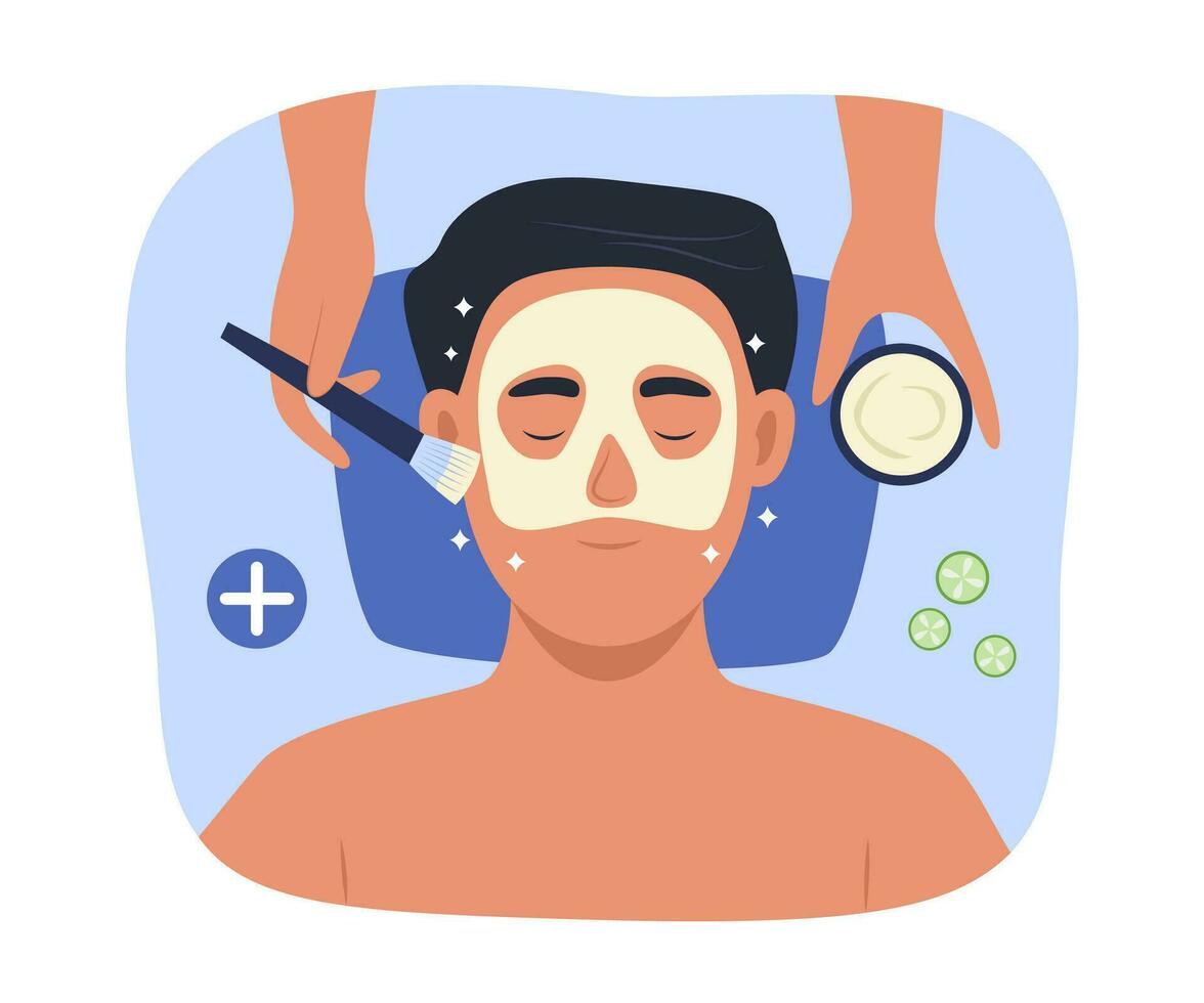 hombre haciendo facial máscara tratamiento con crema para protección de la piel concepto ilustración vector