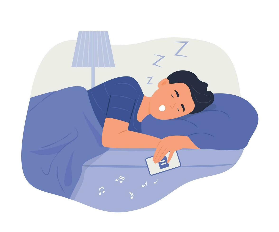 hombre dormido en cama con teléfono inteligente en mano vector