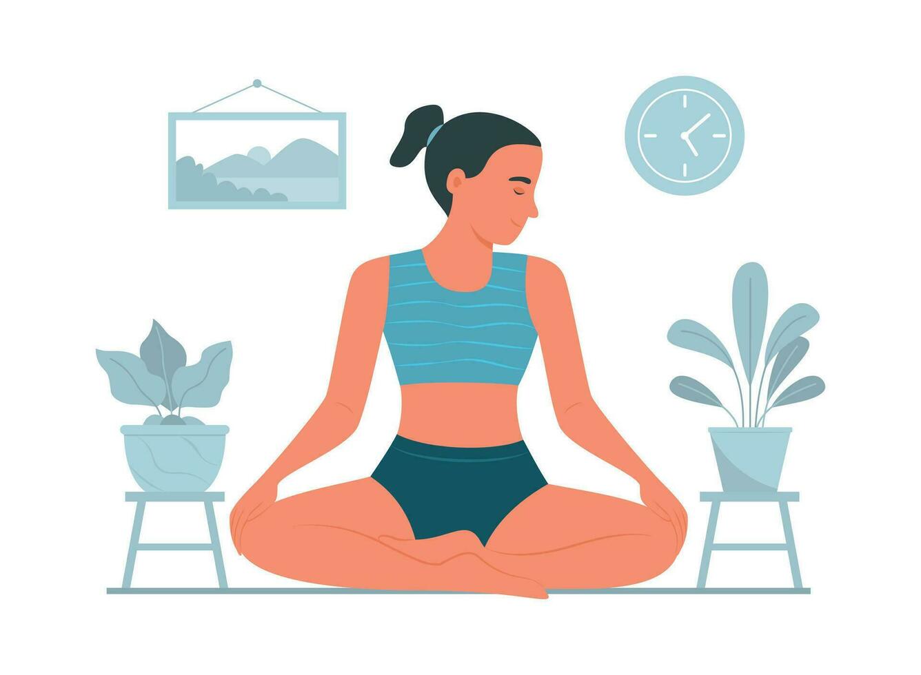 Woman Practicing Yoga Meditation at Home vector