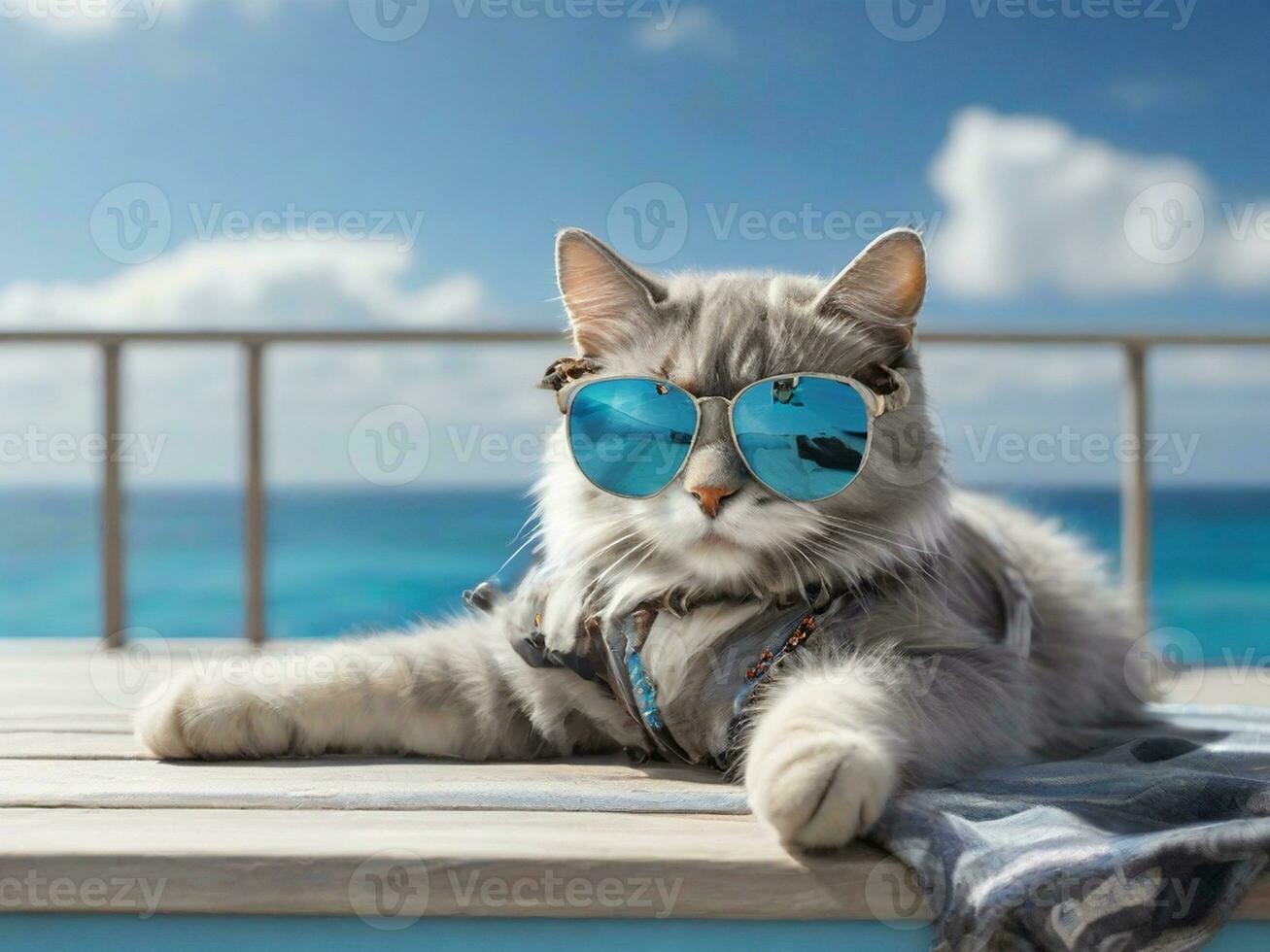 ai generado linda gato en Gafas de sol acostado en el arena en el playa generativo ai foto