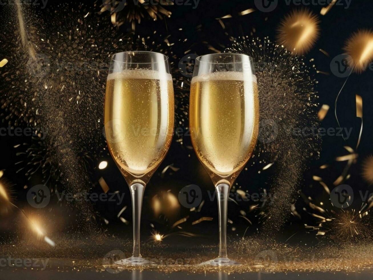 AI generated glasses of champagne with splash and firework ready to bring in the new year 2024 photo