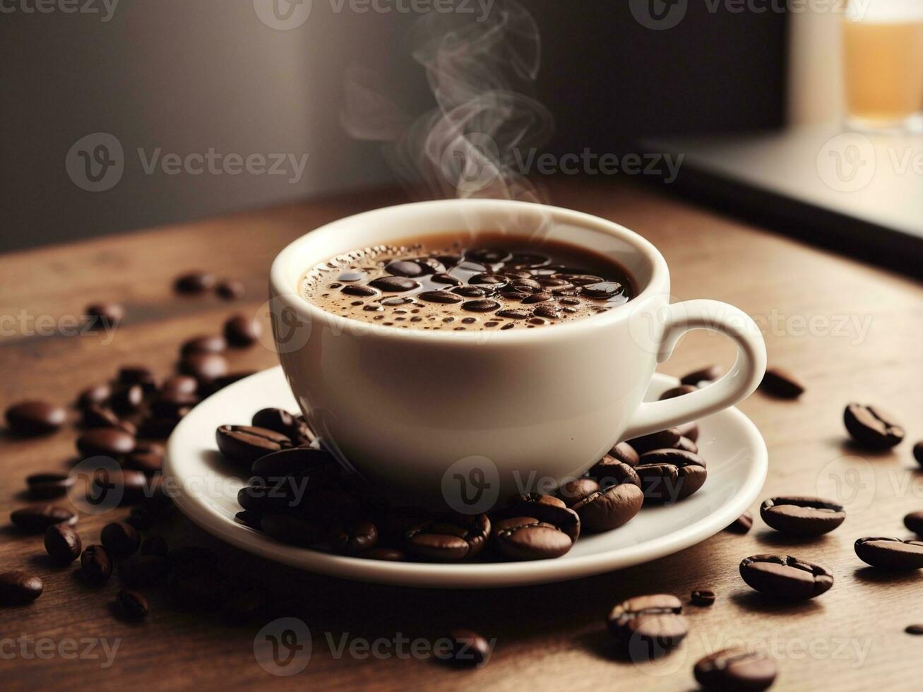 AI generated coffee beans on a wooden table photo