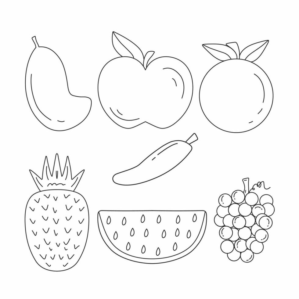 Tropical fruit vector line icons set such grape, watermelon, apple, orange, banana, mango and pineapple isolated on white background.